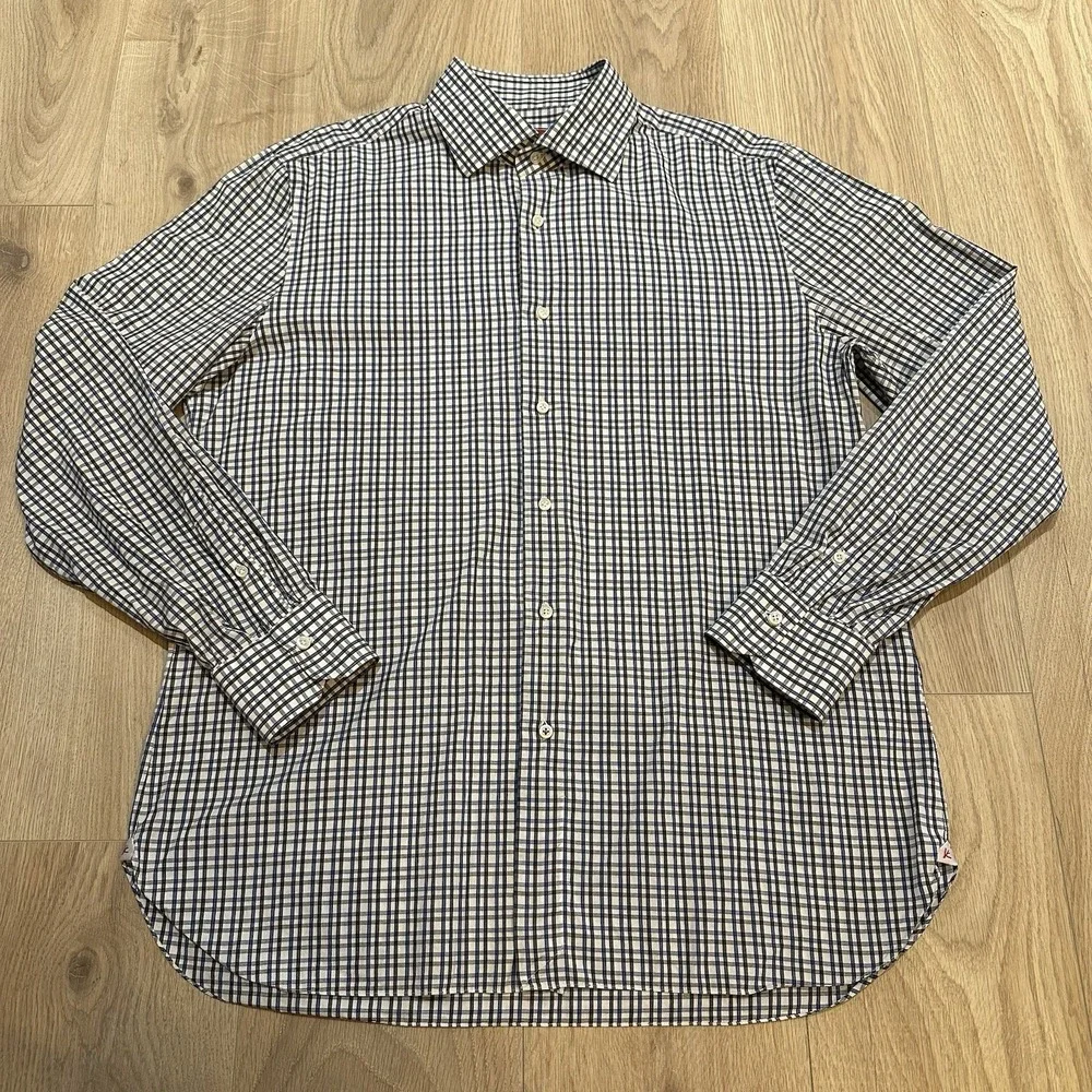 ISAIA Plaid Long Sleeve Button‎ Up Shirt Blue Check Plaid 17 43 Made in Italy
